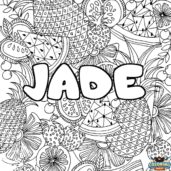 Coloring page first name JADE - Fruits mandala background