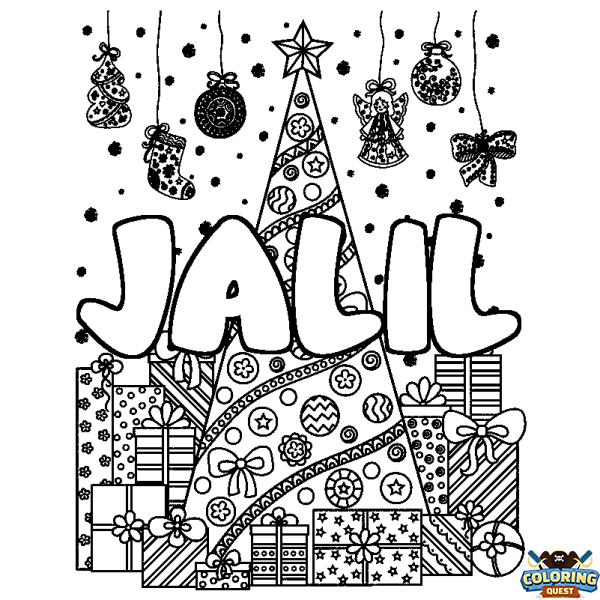 Coloring page first name JALIL - Christmas tree and presents background