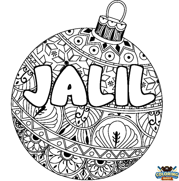 Coloring page first name JALIL - Christmas tree bulb background