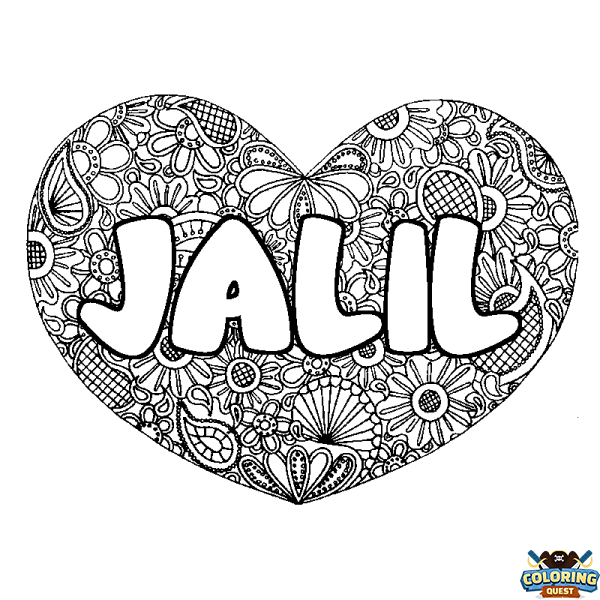 Coloring page first name JALIL - Heart mandala background
