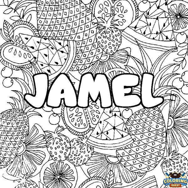 Coloring page first name JAMEL - Fruits mandala background