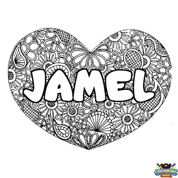 Coloring page first name JAMEL - Heart mandala background