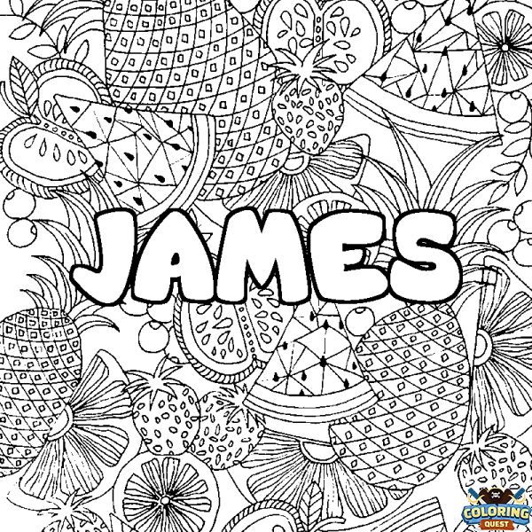 Coloring page first name JAMES - Fruits mandala background