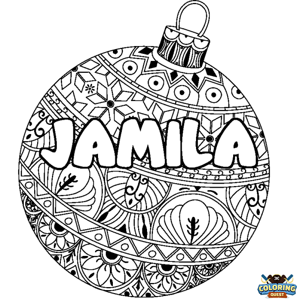 Coloring page first name JAMILA - Christmas tree bulb background