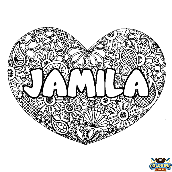Coloring page first name JAMILA - Heart mandala background