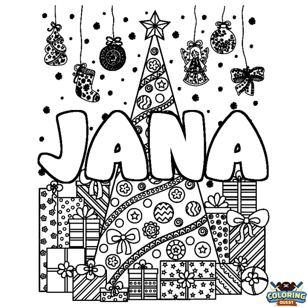 Coloring page first name JANA - Christmas tree and presents background