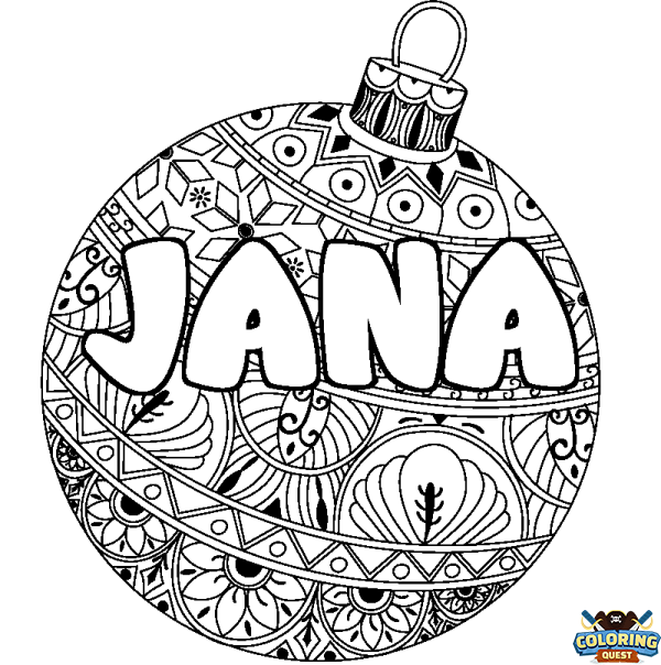 Coloring page first name JANA - Christmas tree bulb background