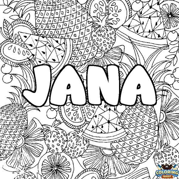 Coloring page first name JANA - Fruits mandala background