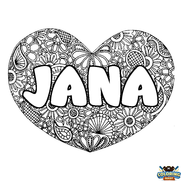 Coloring page first name JANA - Heart mandala background