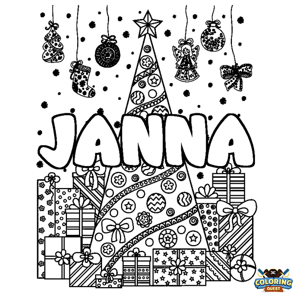 Coloring page first name JANNA - Christmas tree and presents background