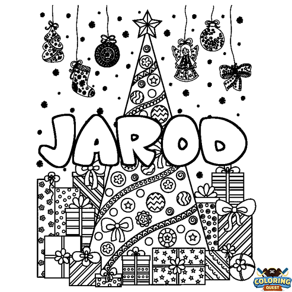 Coloring page first name JAROD - Christmas tree and presents background
