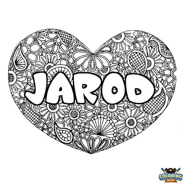 Coloring page first name JAROD - Heart mandala background