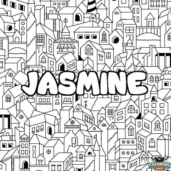 Coloring page first name JASMINE - City background