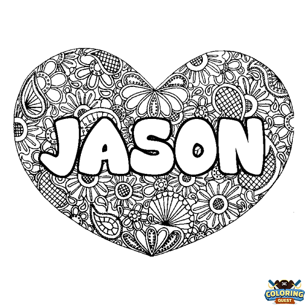 Coloring page first name JASON - Heart mandala background