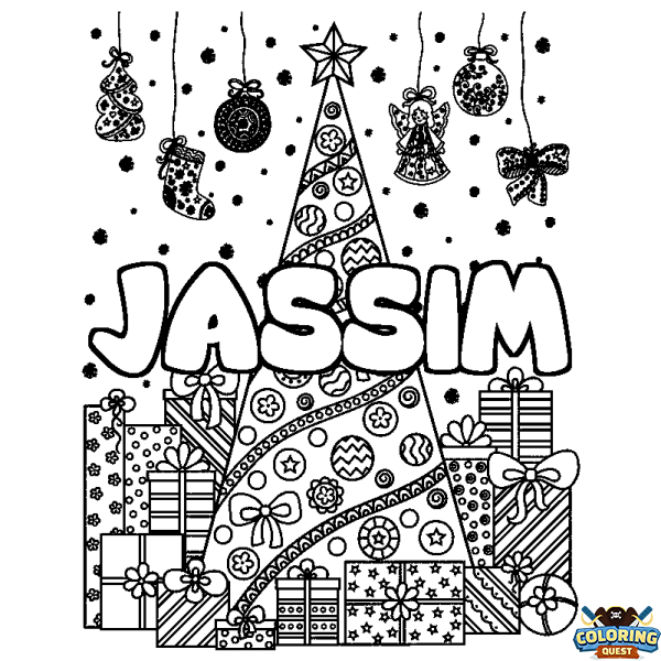 Coloring page first name JASSIM - Christmas tree and presents background