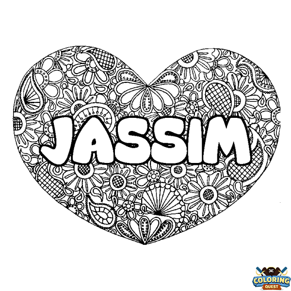 Coloring page first name JASSIM - Heart mandala background