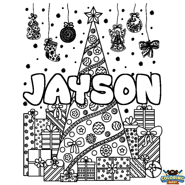 Coloring page first name JAYSON - Christmas tree and presents background