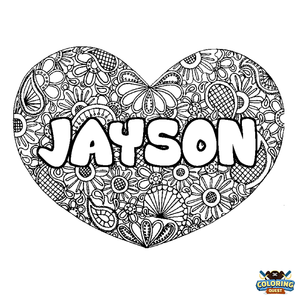 Coloring page first name JAYSON - Heart mandala background