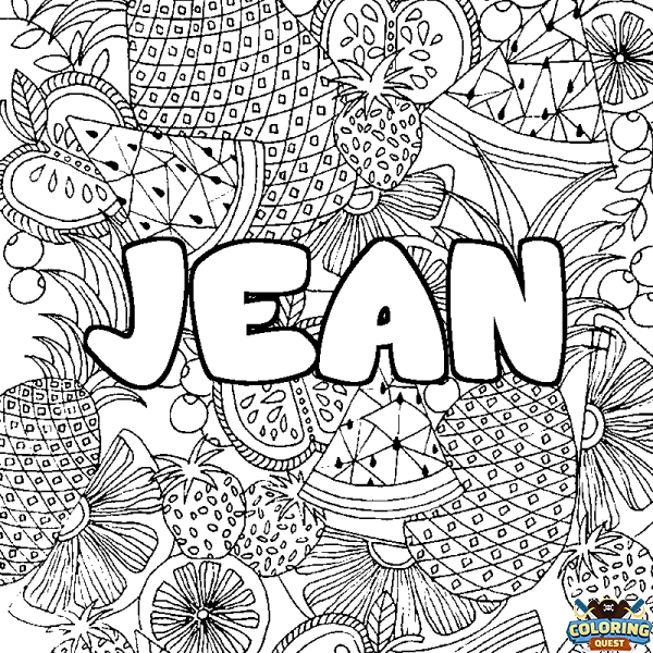 Coloring page first name JEAN - Fruits mandala background