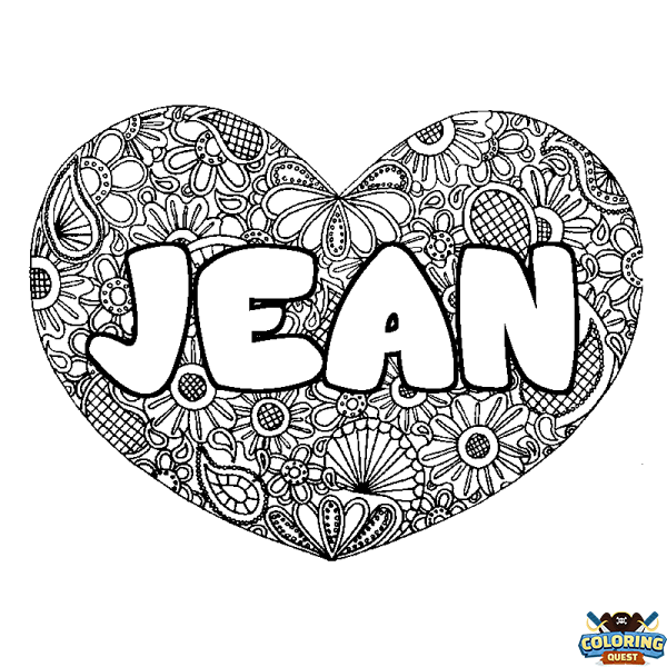 Coloring page first name JEAN - Heart mandala background