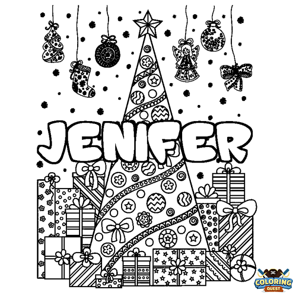 Coloring page first name JENIFER - Christmas tree and presents background