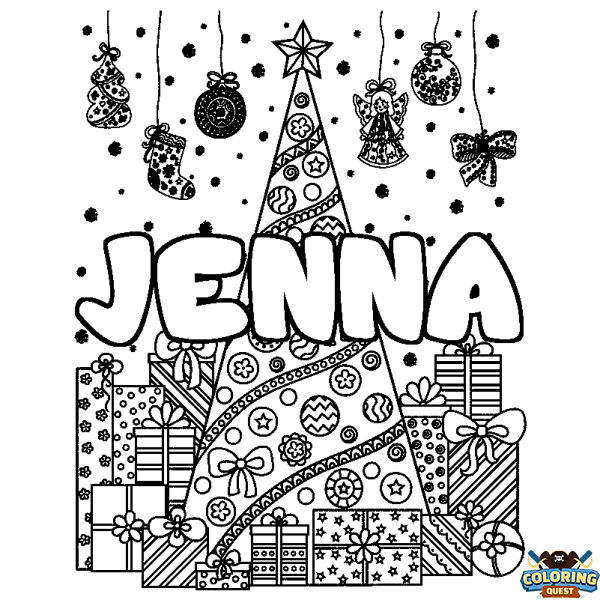 Coloring page first name JENNA - Christmas tree and presents background