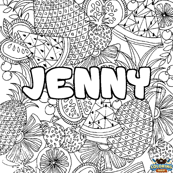 Coloring page first name JENNY - Fruits mandala background