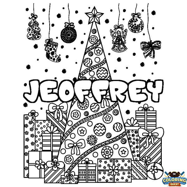 Coloring page first name JEOFFREY - Christmas tree and presents background