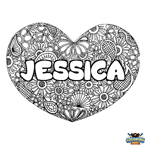 Coloring page first name JESSICA - Heart mandala background