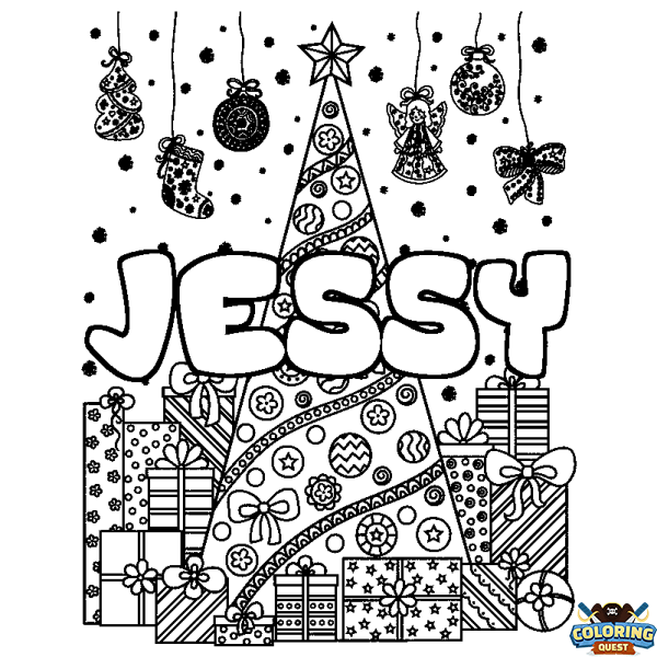 Coloring page first name JESSY - Christmas tree and presents background