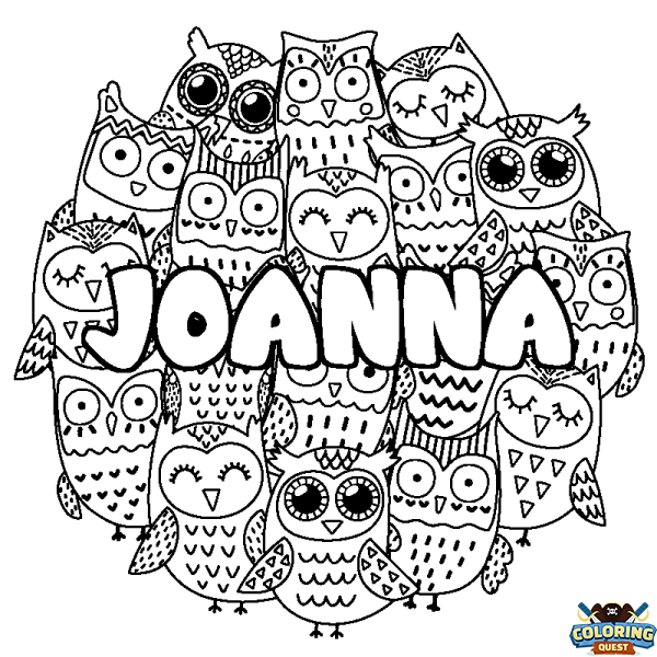 Coloring page first name JOANNA - Owls background