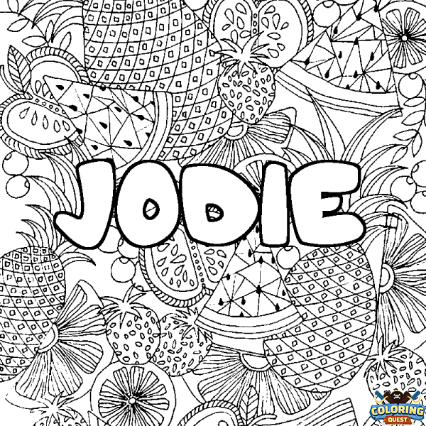 Coloring page first name JODIE - Fruits mandala background