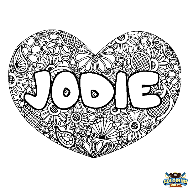 Coloring page first name JODIE - Heart mandala background