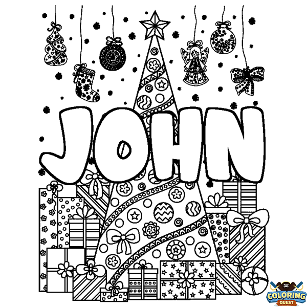 Coloring page first name JOHN - Christmas tree and presents background