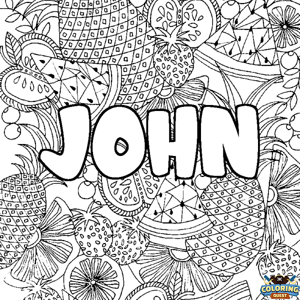 Coloring page first name JOHN - Fruits mandala background