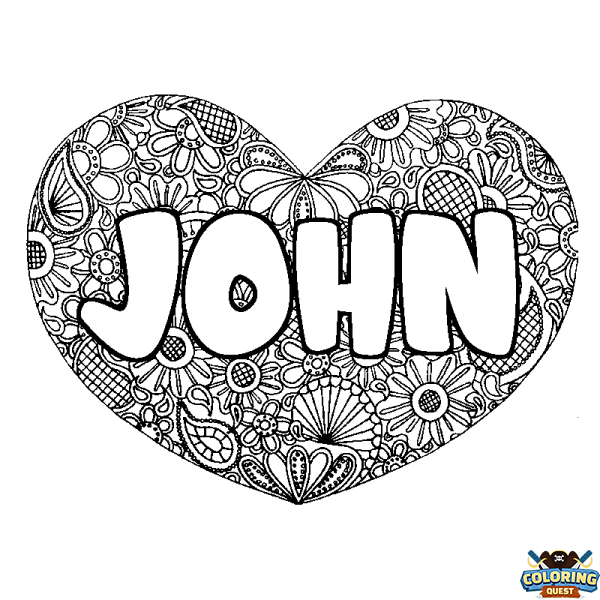 Coloring page first name JOHN - Heart mandala background