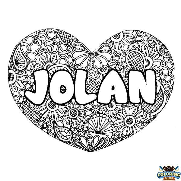 Coloring page first name JOLAN - Heart mandala background