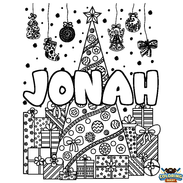 Coloring page first name JONAH - Christmas tree and presents background