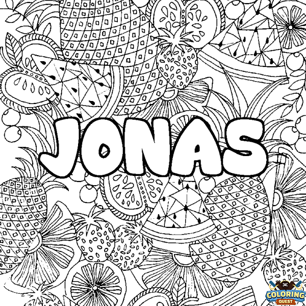 Coloring page first name JONAS - Fruits mandala background