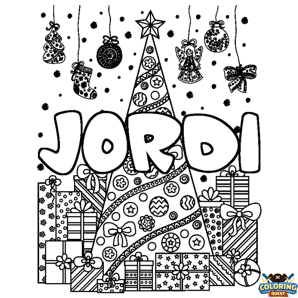 Coloring page first name JORDI - Christmas tree and presents background