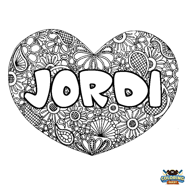 Coloring page first name JORDI - Heart mandala background