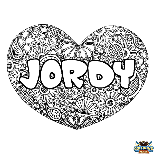 Coloring page first name JORDY - Heart mandala background