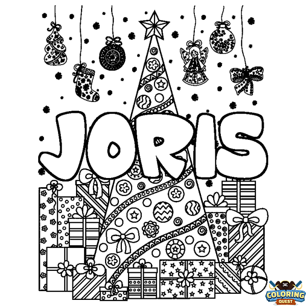Coloring page first name JORIS - Christmas tree and presents background
