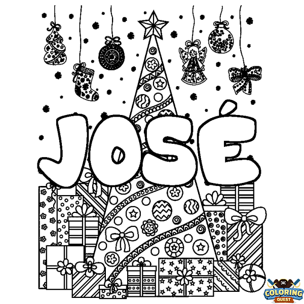 Coloring page first name JOS&Eacute; - Christmas tree and presents background