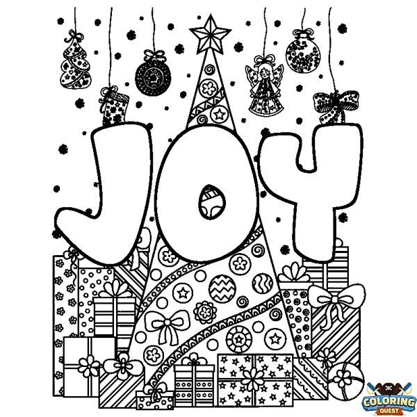 Coloring page first name JOY - Christmas tree and presents background