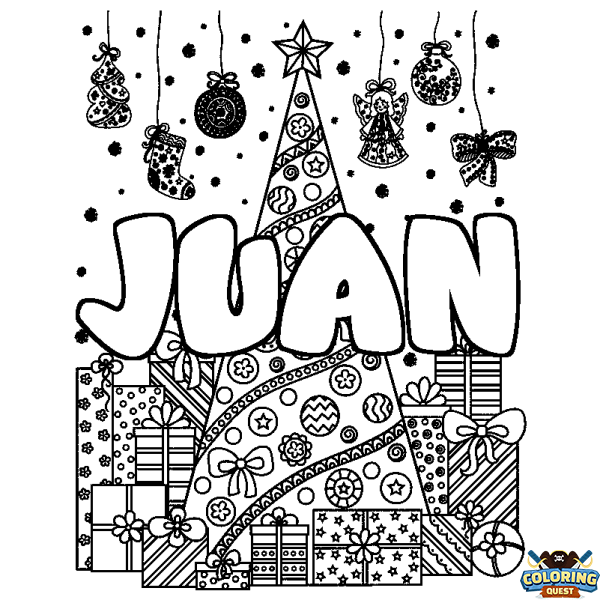 Coloring page first name JUAN - Christmas tree and presents background
