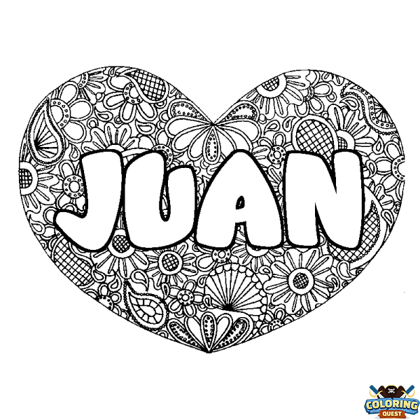 Coloring page first name JUAN - Heart mandala background