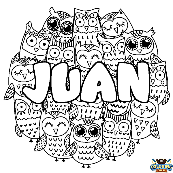 Coloring page first name JUAN - Owls background