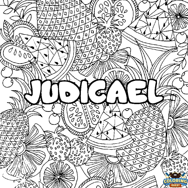 Coloring page first name JUDICAEL - Fruits mandala background