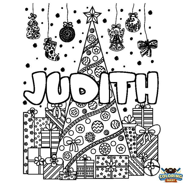 Coloring page first name JUDITH - Christmas tree and presents background